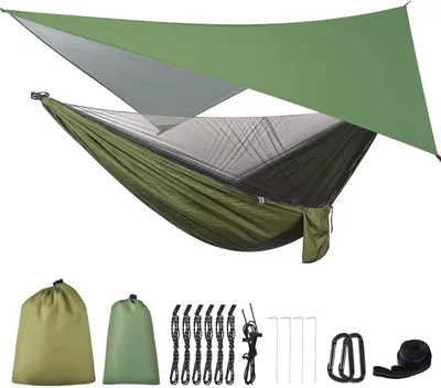 Obrázek produktu pro Venkovní houpací síť s plachtou a moskytiérou, 290 x 140 cm, ultralehká cestovní a kempingová houpací síť s nosností 200 kg, vhodná na turistiku, cestování a do zahrady