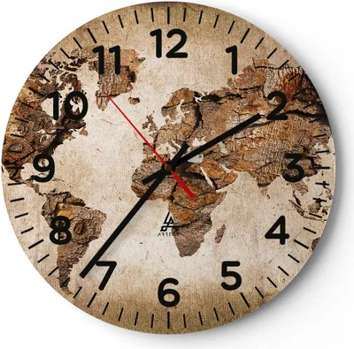 Produktbild von Wanduhr - Rund - Glasuhr - Karte Welt modern - 40x40cm - Schleichendes Uhrwerk - Lautlos - zum Aufhängen bereit - Dekoration Modern - Wanddekoration aus Glas - C4AR40x40-3590