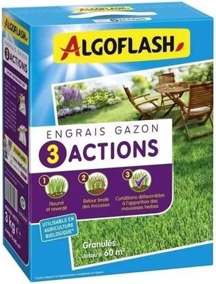 Produktbild von ALGOFLASH NATURASOL Rasendünger, 3 Aktionen, Mini-Granulate, 3 kg, NPK 6-3-4 +2 Fe, Gegen Moos & Unkraut