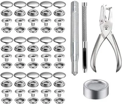 Imagen del producto de Juego de 200 remaches metálicos, de 15 mm, de acero, sin necesidad de coser, con 4 herramientas de fijación y alicates, para chaquetas de cuero, vaqueros y bolsos (plateado)