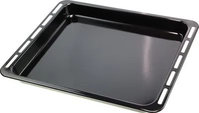 A black oven baking tray shown from a slightly elevated angle.