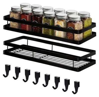 Produktbild von Wandgewürzregal ohne Bohren, hängendes Metallregal mit 2 Etagen und 8 abnehmbaren Haken, Duschablage für Küche, Badezimmer und Balkon, 35 x 12 x 5,7 cm, Schwarz