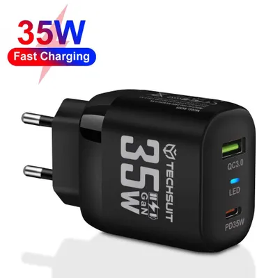 Produktbild von Techsuit Premium Netzladegerät (CHPD174) – GaN, USB QC3.0, USB-C PD35W – schwarz