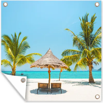 Produktbild von MuchoWow® 50x50 cm Outdoor-Poster Gartendeko Sichtschutz Garten Poster für den Garten  Strand - Sonnenschirm - Palme