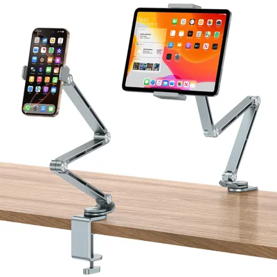 Produktbild von Aluminium Tablet Halterung Tisch, 360° Drehbarer Tablet Ständer Bett, Verstellbarer Handyhalter mit Stabiler Arm, Höhenverstellbarer, kompatibel