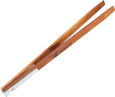 A pair of wooden tongs on a white background.