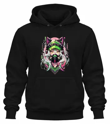 Productafbeelding van Cyberpunk anime kattenmeisje, gasmasker, Japan, Y2K, Otaku hoodie, zwart, maat L