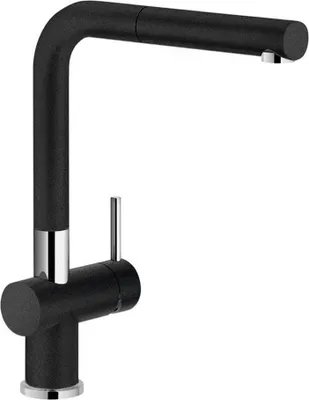 A studio shot of a black kitchen faucet with chrome accents.