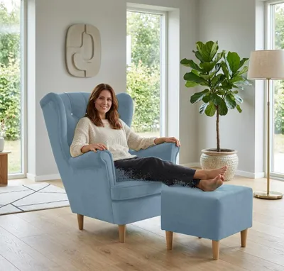 Produktbild von Ohrensessel GAJA Monolit – Sessel mit Hocker und Kristall-Steppung, Velours in Hellblau, Family Meble