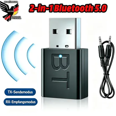 Produktbild von Bluetooth 5.0 Audio Adapter Sender Empfänger Transmitter 2-in-1 mit 3,5mm AUX & Audiokabel für TV PC Auto Stereo
