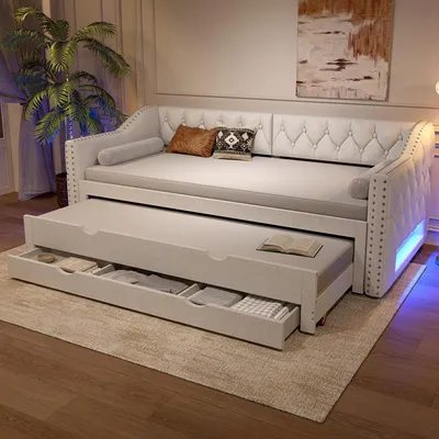 Immagine prodotto di Letto da giorno 90x200 cm con letto estraibile, 3 cassetti e illuminazione LED a 7 colori, letto imbottito con schienale, beige