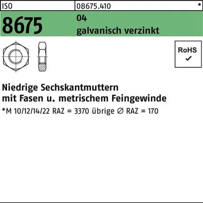 Produktbild von Reyher  Sechskantmu. mit Fasen ISO 8675 04 M 8 x 1 galv. vz (100 Stück)