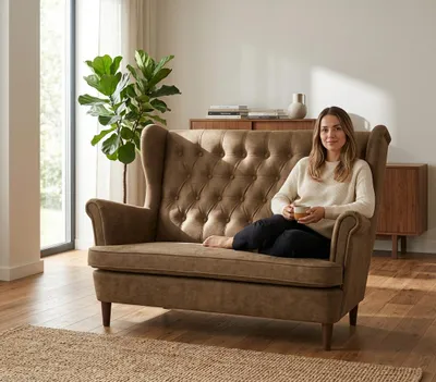 Produktbild von Zweisitzer-Sofa DIANA Royal – Gesteppte Rückenlehne, Velours in Braun, Family Meble, KI-generiertes Bild