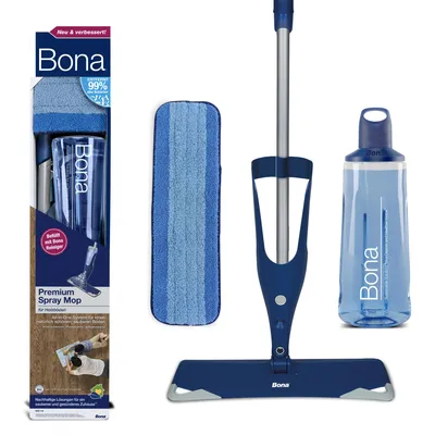 Produktbild von Bona Premium Spray Mop mit 850 ml Reinigungsmittel für Holzböden, nachfüllbare Kartusche, inkl. Mikrofaser-Reinigungspad