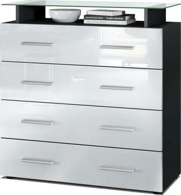 Produktbild von Vladon Sideboard Pavos V2, Kommode mit 4 Schubladen und Glasablage, Schwarz matt/Weiß Hochglanz (76 x 81 x 35 cm)