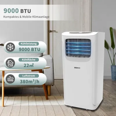 Obrázek produktu pro SHINCO BTU9000 Mobilní klimatizace Mobilní klimati 3v1: chlazení, odvlhčování, ventilátor, LED, časovač, R290, dálkové ovládání, A