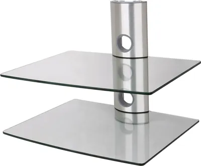 A two-tiered glass shelf unit with a silver metal support.