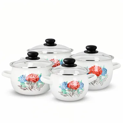A set of four white enamel pots with floral designs and glass lids, arranged on a white background.