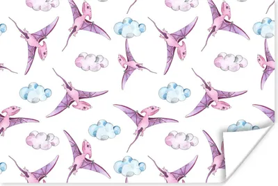 Produktbild von MuchoWow® Poster Kinderzimmer - Wolken - Dinosaurier - Mädchen - Kinder - Rosa - Kind 120x80 cm - Bilder