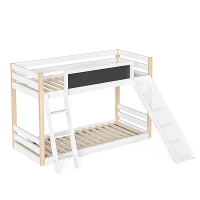 Produktbild von LVHOM Etagenbett mit Rutsche und Treppe, Hochbett 90x200/90x190cm mit Tafeln, Kinderbett aus Massivholz, Jugendbett Bettgestell, Weiß/Natur