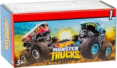 A box of Hot Wheels Monster Trucks with two monster trucks depicted on the front.