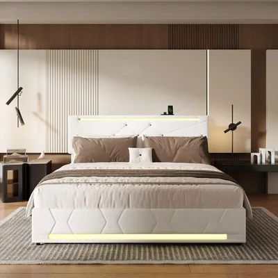 Immagine prodotto di Letto imbottito Fortuna Lai letto matrimoniale 140×200 cm, letto contenitore idraulico con LED e funzione di ricarica USB, struttura letto funzionale con vano contenitore e rete a doghe, Lino, Beige