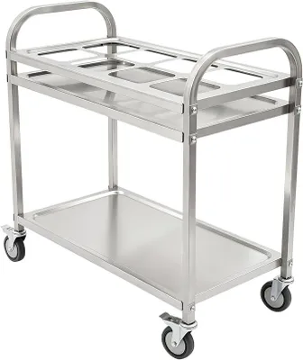 Image de Chariot de service en acier inoxydable, 2 niveaux (grilles) | Chariot à 4 roulettes (2 avec freins), capacité de 75 kg, pour cuisine, restaurant et hôtel