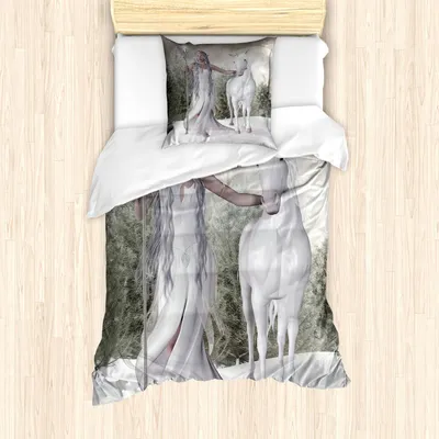 Zdjęcie produktu dla ABAKUHAUS Zestaw pościeli dla konia, Mace Halte białowłosa elfka, dziewczyna boso w śnieżnym lesie z koniem, 135 x 200 cm + 80 x 80 cm, kokos i kurz