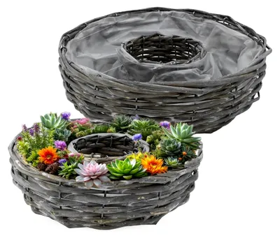 Produktbild von Rattan Pflanzring Natur mit Folie 2er Set - 30/25 cm - Blumenschale aus Naturfaser zum direkten Bepflanzen - Garten Deko Blumentopf