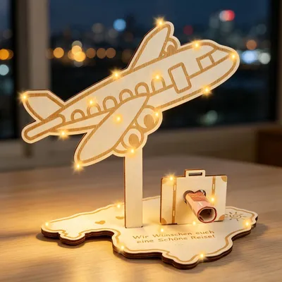 Produktbild von Geldgeschenk-Verpackung Flugzeug - Holz-Aufsteller mit Reise-Motiv - Reisekasse für Urlaub - 15 x 10 x 5 cm