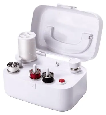 A white sewing accessory product with spools of thread.