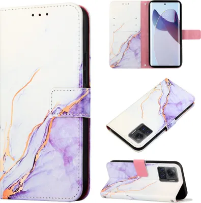 Produktbild von Moto X30 Pro Hülle, Marmor Motiv Kunstleder Tasche Wallet Kartenfächer mit Standfunktion Klapp Schutzhülle für Motorola Moto X30 Pro 5G Weiß Lila