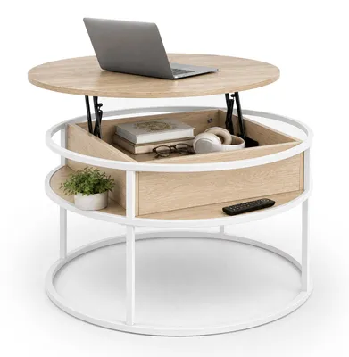 Zdjęcie produktu dla Stolik kawowy Relaxdays z miejscem do przechowywania, wymiary: 47 x 80 cm, blat z możliwością podnoszenia, wykonany z MDF i metalu, okrągły stolik do salonu, kolor beżowy/biały, Obraz wygenerowany przez AI