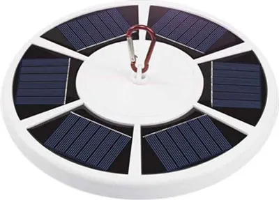 A solar-powered flag pole light with multiple solar panels arranged in a circle around a central carabiner clip.