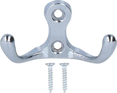 A chrome-plated double coat hook with two screws, photographed against a white background.