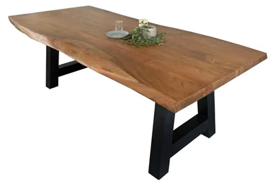 Produktbild von Esstisch Baumkante massiv Akazie Nussbaum 280 x 100 A-Gestell schwarz CALI