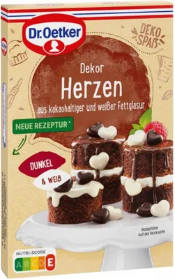 The image shows the packaging of Dr. Oetker chocolate decoration hearts.