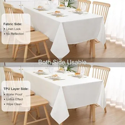 Produktbild von Famanu Tischdecke mit Leinenoptik, abwaschbar, mit Lotuseffekt, rechteckig, 140 x 300 cm, wasserabweisend, Tischwäsche, schmutzabweisend, weiß