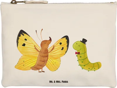 Produktbild von Mr. & Mrs. Panda Kosmetiktasche Raupe Schmetterling Größe M - Weiß - Geschenk, Schönheit, Kokon, Mäppchen, Lustige Sprüche, pencil case, Pouch, Zitronenfalter, Etui