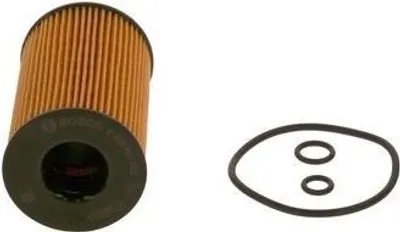A Bosch oil filter and a set of O-rings are shown against a white background.