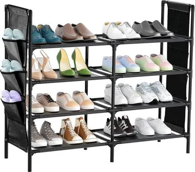 Zdjęcie produktu dla Regał na buty, 4 półki, metal i tkanina, 77 x 29 x 90 cm, do przedpokoju lub sypialni