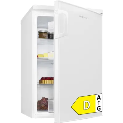 A white Clatronic refrigerator with its door ajar, revealing shelves stocked with food items. An energy efficiency label is visible on the front door.