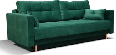 Produktbild von Schlafsofa Lema, Sofa mit Schlaffunktion und Bettkasten, Klappsofa, Schlafcouch mit Füßen aus Naturholz, Veloursstoff, Couch in Frabe: Grün