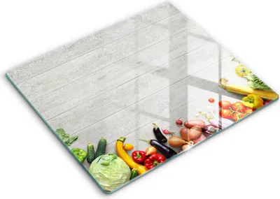 Produktbild von Glasschneideplatte - Herdabdeckplatte - 60x52 - Schneidebrett - Spritzschutz - Gemüse auf den Brettern