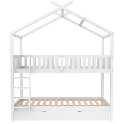 Produktbild von Flieks Etagenbett 90x200cm mit Lattenrost, Hochbett mit Leiter, Kinderbett Hausbett mit Unterbett, Schiebebett Ausziehbett Kiefer 3 Liegefläche, Weiß