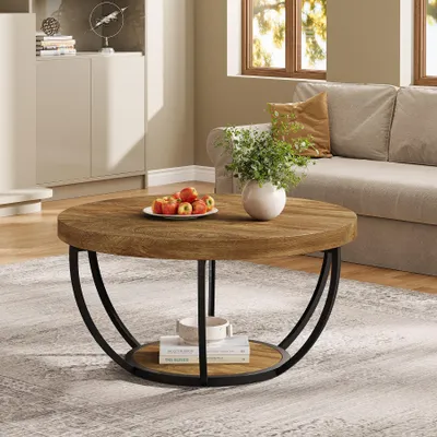 Produktbild von Tribesigns Runde Couchtisch, Industrial 2-Tier-Kreis Couchtisch mit Lagerung Regale, Moderne hölzerne Akzent Mitte Tisch Sofa Beistelltisch
