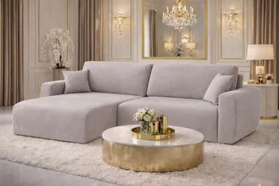 Image de Canapé d'angle   avec fonction couchage et coffre de rangement, canapé Ariel en velours en L, tissu Salvador, gris, gauche