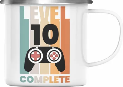 Produktbild von Trendation - 10. Geburtstag Jungen Jungs Emaille Tasse 10er Gamer Kinder 10. Level Zocker Geschenkidee (Silber)