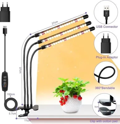 Zdjęcie produktu dla 3-głowicowa lampa do uprawy roślin z timerem, diody LED o pełnym spektrum światła do sadzonek