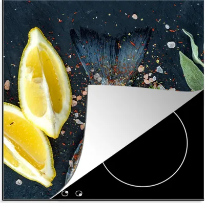 Produktbild von KitchenYeah© Herdabdeckplatte Fisch - Zitrone - Kräuter , 78x78cm, Küche Deko, Glaskeramikkochfeld Herdabdeckung, Abdeckplatte fùr Kochfeld